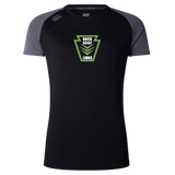 Rock Rugby Women’s Elite Training Tee by Canterbury in black moisture-wicking fabric with grey raglan sleeves and a green “Rock Rugby Lions” chest graphic.
