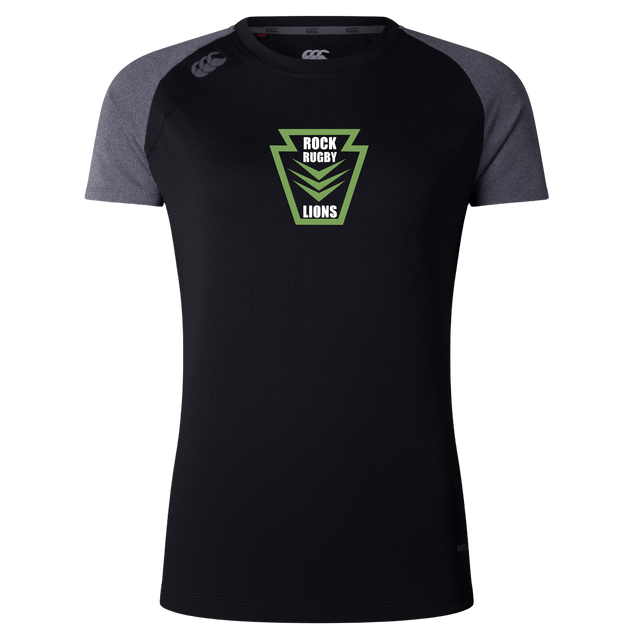 Rock Rugby Women’s Elite Training Tee by Canterbury in black moisture-wicking fabric with grey raglan sleeves and a green “Rock Rugby Lions” chest graphic.