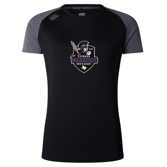 The WRS Canterbury Cypress Warriors Men's Rugby Women's Elite Training Tee is a black and gray, moisture-wicking shirt with a 2024 warrior helmet and spear logo—ideal for intense practice sessions.