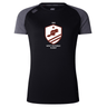 The West Potomac RFC Women's Elite Training Tee by WRS Canterbury is a black and gray short-sleeve workout top with a "West Potomac Rugby" logo, leaping animal, star, and 1963—ideal for rugby fans seeking lightweight performance.