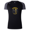 The Spartan Youth Rugby Women's Elite Training Tee by WRS Canterbury is a black and dark gray shirt with "SPARTAN YOUTH RUGBY" and a gold Spartan helmet logo on the chest, made from lightweight breathable fabric—ideal for training.