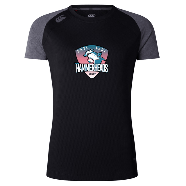 The SWFL Lady Hammerheads Women's Elite Training Tee by WRS Canterbury is a black and dark gray lightweight short-sleeve rugby shirt featuring the team logo, ideal for active training sessions.