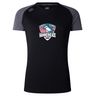 The SWFL Lady Hammerheads Women's Elite Training Tee by WRS Canterbury is a black and dark gray lightweight short-sleeve rugby shirt featuring the team logo, ideal for active training sessions.