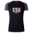 The WRS Canterbury East Stroudsburg University Women's Elite Training Tee features black and gray colors, "ESU RUGBY" in white and red on the front, and moisture-wicking fabric to keep you comfortable during workouts.