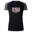 The WRS Canterbury East Stroudsburg University Women's Elite Training Tee features black and gray colors, "ESU RUGBY" in white and red on the front, and moisture-wicking fabric to keep you comfortable during workouts.