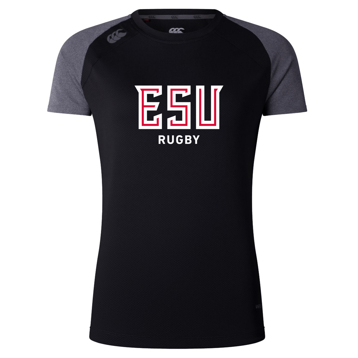 The WRS Canterbury East Stroudsburg University Women's Elite Training Tee features black and gray colors, "ESU RUGBY" in white and red on the front, and moisture-wicking fabric to keep you comfortable during workouts.