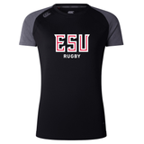 The WRS Canterbury East Stroudsburg University Women's Elite Training Tee features black and gray colors, "ESU RUGBY" in white and red on the front, and moisture-wicking fabric to keep you comfortable during workouts.