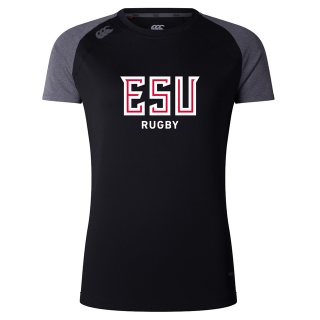 The WRS Canterbury East Stroudsburg University Women's Elite Training Tee features black and gray colors, "ESU RUGBY" in white and red on the front, and moisture-wicking fabric to keep you comfortable during workouts.