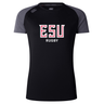 The WRS Canterbury East Stroudsburg University Women's Elite Training Tee features black and gray colors, "ESU RUGBY" in white and red on the front, and moisture-wicking fabric to keep you comfortable during workouts.