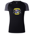 The Winchester Cannons Women's Elite Training Tee by WRS Canterbury is a black and dark gray moisture-wicking shirt with a crest, icons, and text on the front—perfect for staying cool and comfortable during intense workouts.