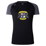 The Winchester Cannons Women's Elite Training Tee by WRS Canterbury is a black and dark gray moisture-wicking shirt with a crest, icons, and text on the front—perfect for staying cool and comfortable during intense workouts.