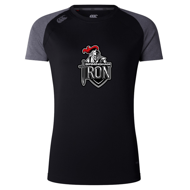 The Birmingham Iron Women's Football Elite Training Tee by WRS Canterbury features the team logo on a black and dark gray quick-drying fabric, perfect for workouts or casual wear.