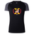 The Potomac Exiles Rugby Club Women's Elite Training Tee by Canterbury from WRS Canterbury features a black and gray short-sleeve design with an “H” logo, Maryland and DC flags, red laurel, and “2014” text on the chest. This breathable workout top is designed for comfort during intense sessions.