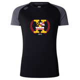 The Potomac Exiles Rugby Club Women's Elite Training Tee by Canterbury from WRS Canterbury features a black and gray short-sleeve design with an “H” logo, Maryland and DC flags, red laurel, and “2014” text on the chest. This breathable workout top is designed for comfort during intense sessions.