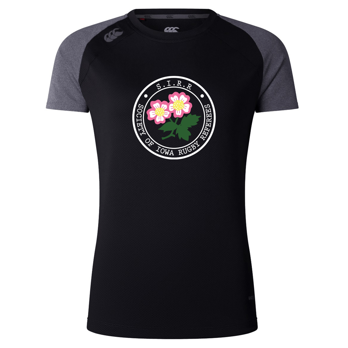 Introducing the Society of Iowa Rugby Referees Women’s Elite Training Tee by Canterbury, from WRS Canterbury. This black and dark gray breathable athletic top features a “Society of Iowa Rugby Referees” logo accented with pink flowers on the chest. Designed for optimal comfort and performance, this elite training tee is a perfect addition to any women’s workout shirt collection.
