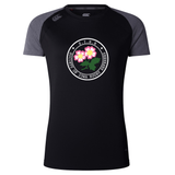 Introducing the Society of Iowa Rugby Referees Women’s Elite Training Tee by Canterbury, from WRS Canterbury. This black and dark gray breathable athletic top features a “Society of Iowa Rugby Referees” logo accented with pink flowers on the chest. Designed for optimal comfort and performance, this elite training tee is a perfect addition to any women’s workout shirt collection.