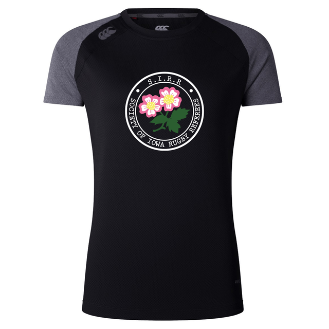 Introducing the Society of Iowa Rugby Referees Women’s Elite Training Tee by Canterbury, from WRS Canterbury. This black and dark gray breathable athletic top features a “Society of Iowa Rugby Referees” logo accented with pink flowers on the chest. Designed for optimal comfort and performance, this elite training tee is a perfect addition to any women’s workout shirt collection.