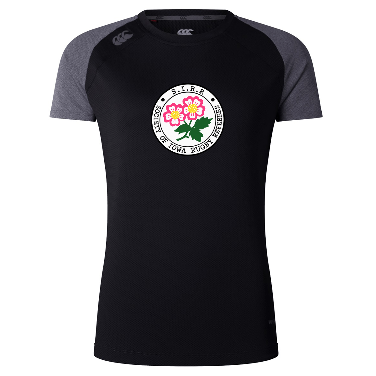 The Society of Iowa Rugby Referees Women’s Elite Training Tee by Canterbury features a black and gray design with a distinctive floral logo on the chest. Crafted by WRS Canterbury as a lightweight, moisture-wicking top, this short-sleeve shirt is perfect for intense training sessions or everyday workout comfort.