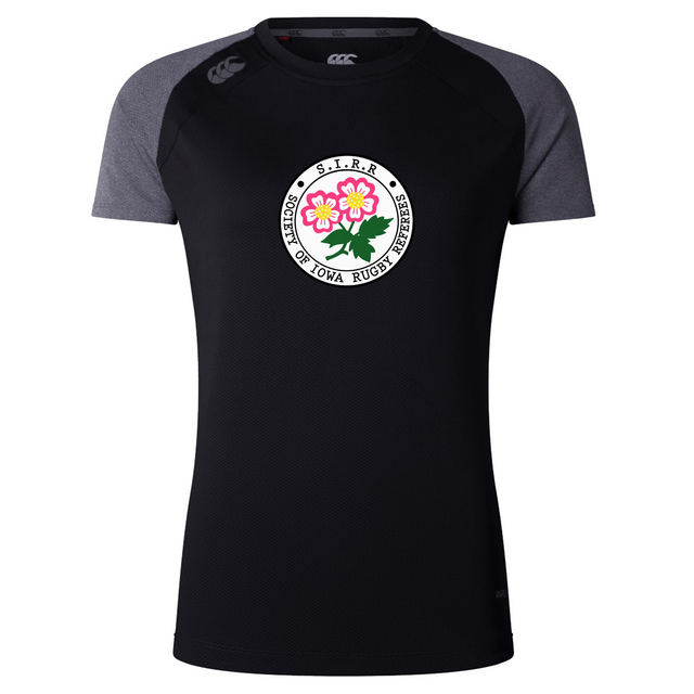 The Society of Iowa Rugby Referees Women’s Elite Training Tee by Canterbury features a black and gray design with a distinctive floral logo on the chest. Crafted by WRS Canterbury as a lightweight, moisture-wicking top, this short-sleeve shirt is perfect for intense training sessions or everyday workout comfort.