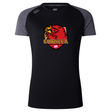 The Godzilla Rugby Football Club Women’s Elite Training Tee by WRS Canterbury features a black short-sleeve design with dark gray sleeves and showcases a “Godzilla Rugby Football Club” logo—a red monster and yellow castle—on the chest. Crafted as a lightweight training shirt for comfort and performance, it’s ideal for active workouts or casual wear.