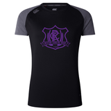 Western Carolina University Women’s Elite Training Tee by Canterbury in black with grey raglan sleeves and a purple Western Carolina Rugby crest on the chest.