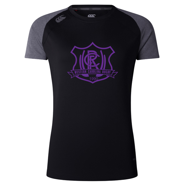 Western Carolina University Women’s Elite Training Tee by Canterbury in black with grey raglan sleeves and a purple Western Carolina Rugby crest on the chest.