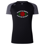 The Santa Rosa Youth Rugby Women’s Elite Training Tee by Canterbury from WRS Canterbury is a black athletic shirt with gray sleeves, adorned with a red rose and the text “Santa Rosa Youth Rugby” on the chest. Made from lightweight, moisture-wicking fabric, this elite training tee is designed to keep you comfortable during every workout.