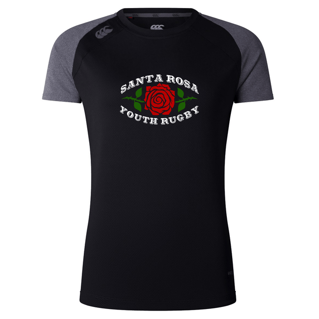 The Santa Rosa Youth Rugby Women’s Elite Training Tee by Canterbury from WRS Canterbury is a black athletic shirt with gray sleeves, adorned with a red rose and the text “Santa Rosa Youth Rugby” on the chest. Made from lightweight, moisture-wicking fabric, this elite training tee is designed to keep you comfortable during every workout.