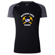 Mother Lode Women’s Elite Training Tee by Canterbury in black with gray raglan sleeves and a logo featuring two crossed yellow pickaxes, a rugby ball, and the text “MOTHER LODE RUGBY.”