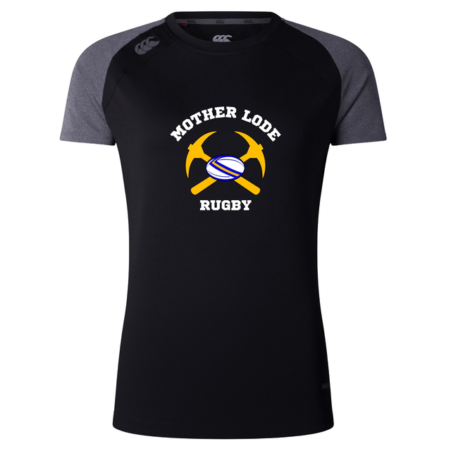 Mother Lode Women’s Elite Training Tee by Canterbury in black with gray raglan sleeves and a logo featuring two crossed yellow pickaxes, a rugby ball, and the text “MOTHER LODE RUGBY.”