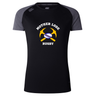 Mother Lode Women’s Elite Training Tee by Canterbury in black with gray raglan sleeves and a logo featuring two crossed yellow pickaxes, a rugby ball, and the text “MOTHER LODE RUGBY.”