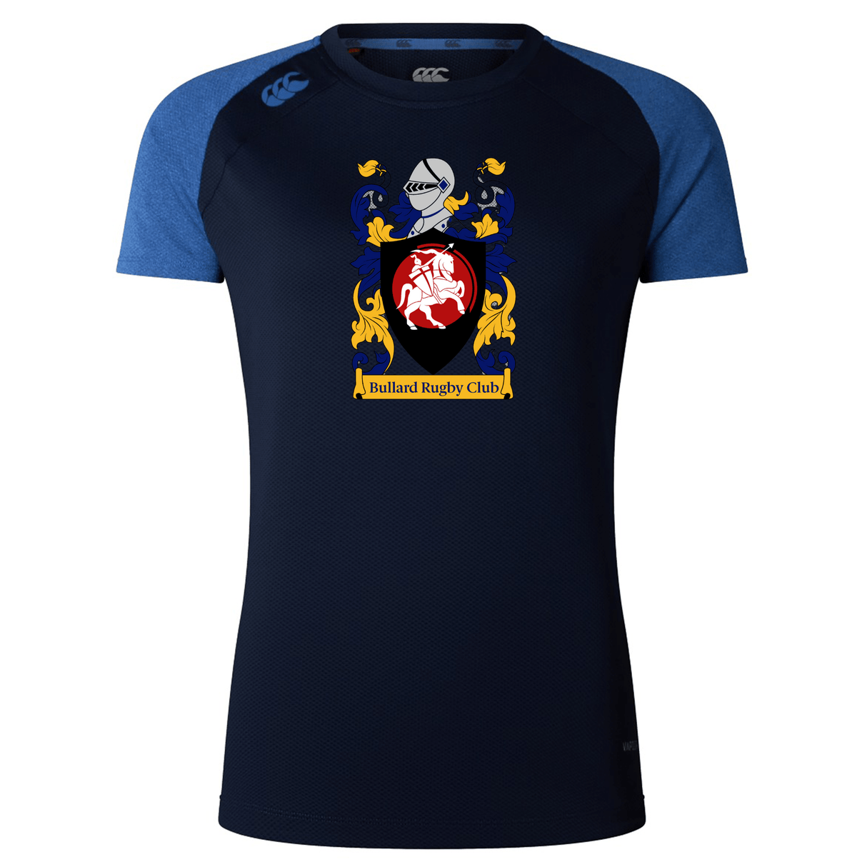 The CenCal Youth Bullard Women's Elite Training Tee by Canterbury, from WRS Canterbury, is a navy and blue rugby jersey made from lightweight recycled polyester. It features the "Bullard Rugby Club" crest with a knight's helmet, shield, and red lion emblem. Designed for performance, it includes Vapodri technology to keep you dry during elite training sessions.
