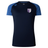 The OMBAC Rugby Embroidered Women's Elite Training Tee by Canterbury, crafted by EMB Canterbury, features a navy blue main body with lighter blue sleeves. It sports a crest reading "OMAGH RUGBY" on the left chest and the CCC logo on the right shoulder. Engineered with Vapodri Technology, this training tee guarantees peak performance and comfort.