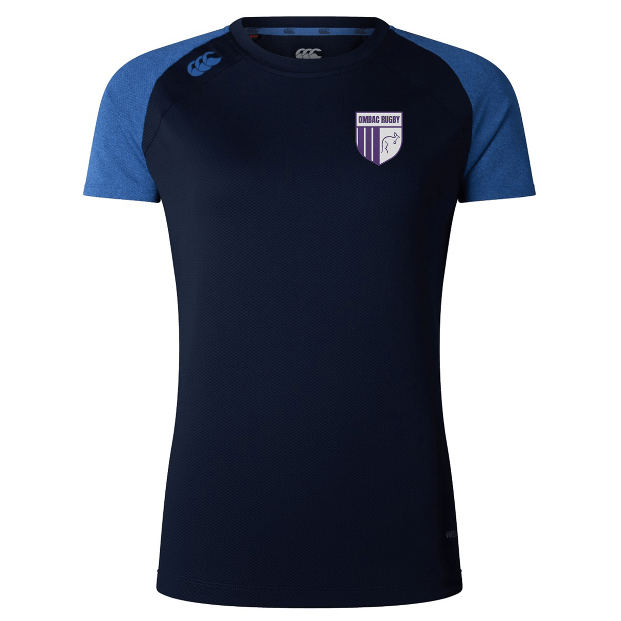 The OMBAC Rugby Embroidered Women's Elite Training Tee by Canterbury, crafted by EMB Canterbury, features a navy blue main body with lighter blue sleeves. It sports a crest reading "OMAGH RUGBY" on the left chest and the CCC logo on the right shoulder. Engineered with Vapodri Technology, this training tee guarantees peak performance and comfort.