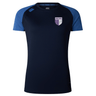 The OMBAC Rugby Embroidered Women's Elite Training Tee by Canterbury, crafted by EMB Canterbury, features a navy blue main body with lighter blue sleeves. It sports a crest reading "OMAGH RUGBY" on the left chest and the CCC logo on the right shoulder. Engineered with Vapodri Technology, this training tee guarantees peak performance and comfort.