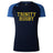 Introducing the Trinity College Women's Elite Training Tee by Canterbury, crafted in navy blue with short sleeves made from lightweight fabric. This high-performance top features contrasting blue sleeves and bold yellow "TRINITY RUGBY" text on the front, equipped with Vapodri technology to ensure optimal performance.