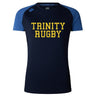 Introducing the Trinity College Women's Elite Training Tee by Canterbury, crafted in navy blue with short sleeves made from lightweight fabric. This high-performance top features contrasting blue sleeves and bold yellow "TRINITY RUGBY" text on the front, equipped with Vapodri technology to ensure optimal performance.