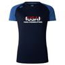 The WRS Canterbury USA Para Powerlifting Women's Elite Training Tee is a lightweight, moisture-wicking navy and royal blue workout top featuring "USA Para Powerlifting" and a barbell graphic on the chest.