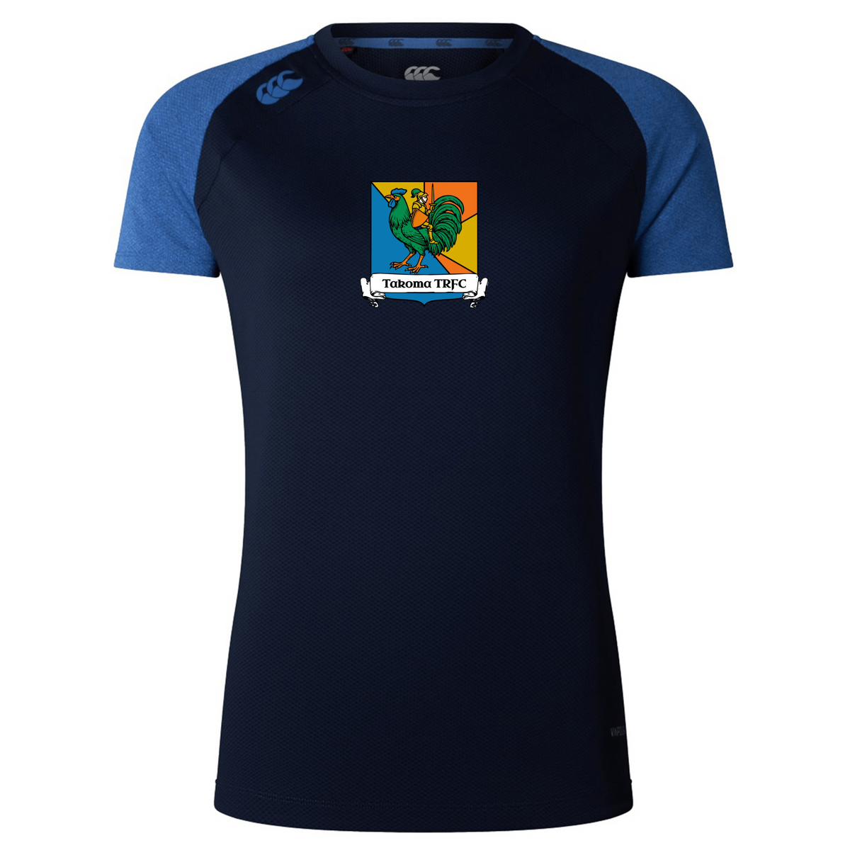 Takoma Touch Rugby Women’s Elite Training Tee by Canterbury in navy blue with royal blue raglan sleeves and a Takoma TRFC logo on the chest.