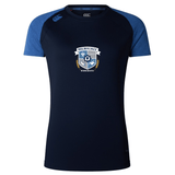 The Milwaukee Barbarians Rugby Women's Elite Training Tee by WRS Canterbury is a navy athletic shirt with blue sleeves and team logo—lightweight and ideal for tough workouts.