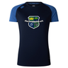 The Kingwood Rugby Women's Elite Training Tee by WRS Canterbury is a navy blue short-sleeve breathable workout top featuring the Kingwood Rugby crest.