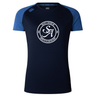 The Saint Anselm College Club Rugby Women’s Elite Training Tee by WRS Canterbury features blue sleeves, lightweight fabric, and a white Saint Anselm Men's Club Rugby logo on the chest.
