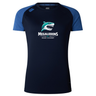 The NC Rugby Academy - Megalodons Women's Elite Training Tee by WRS Canterbury is a lightweight navy and blue short-sleeve shirt with a shark logo and "MEGALODONS NC RUGBY ACADEMY" print, perfect for breathable workouts.