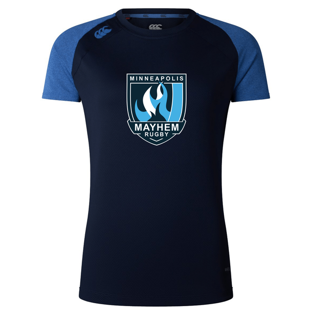 The Minneapolis Mayhem Rugby Women’s Elite Training Tee by WRS Canterbury is a navy blue lightweight training shirt featuring blue sleeves and the Minneapolis Mayhem Rugby logo on the front, designed for comfort and performance.