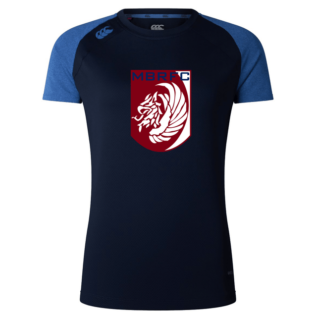 The Montgomery Bucks Griffins Women's Elite Training Tee by WRS Canterbury is a navy and dark blue lightweight shirt with a maroon and white lion crest featuring "MBRFC" on the chest, offering superior moisture wicking for peak performance.