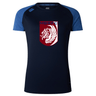 The Montgomery Bucks Griffins Women's Elite Training Tee by WRS Canterbury is a navy and dark blue lightweight shirt with a maroon and white lion crest featuring "MBRFC" on the chest, offering superior moisture wicking for peak performance.