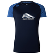 University of New Hampshire Women’s Elite Training Tee by Canterbury in navy blue with blue raglan sleeves, featuring a wildcat logo above “MEN’S RUGBY” in white and grey.