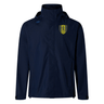 The Gotham Knights Elite Storm Jacket by Canterbury, in navy blue, features a high collar and hood along with a yellow and black emblem on the left chest. This jacket by EMB Canterbury offers Vaposhield performance for ultimate pitchside coverage.