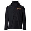 The Atlanta Old White Rugby 50 Year Anniversary Elite Storm Jacket by Canterbury, a black waterproof jacket with a hood, features a small embroidered logo on the left chest that reads "50 Years" in gold lettering and offers Vaposhield performance for enhanced breathability.