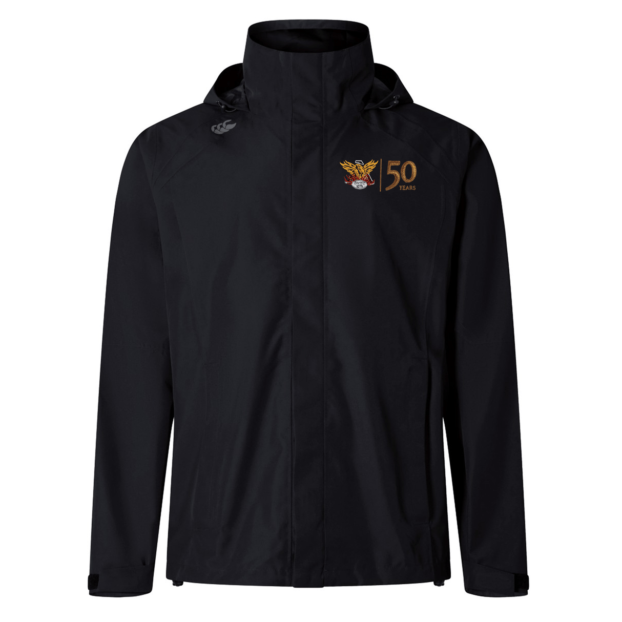 The Atlanta Old White Rugby 50 Year Anniversary Elite Storm Jacket by Canterbury, a black waterproof jacket with a hood, features a small embroidered logo on the left chest that reads "50 Years" in gold lettering and offers Vaposhield performance for enhanced breathability.